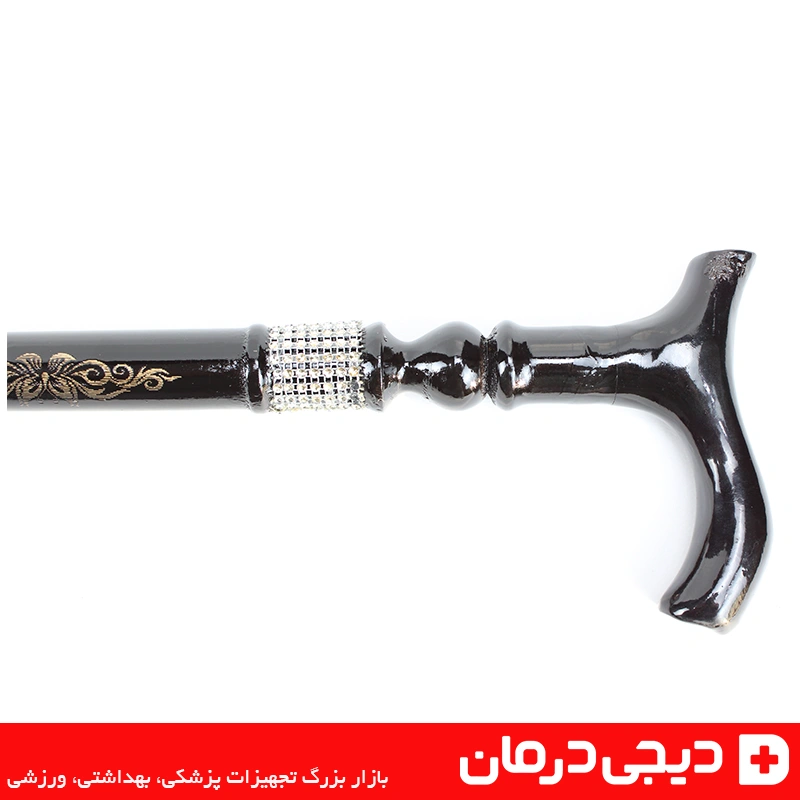 عصا-زنانه-چوبی-نگین-دار-نمای-کامل-لاکچری-دسته-تی-شکل-طرح-طلایی-دیجی-درمان