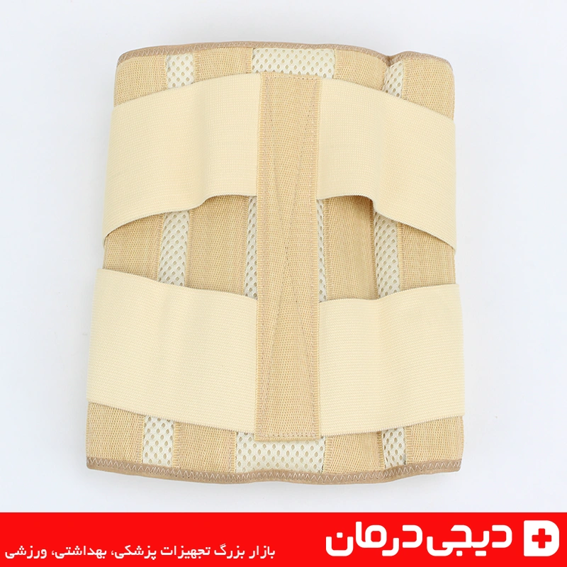 نمای کناری بسته بندی کمربند آتل دار با کش دوبل هوش درمان همراه با آیکون های راهنما