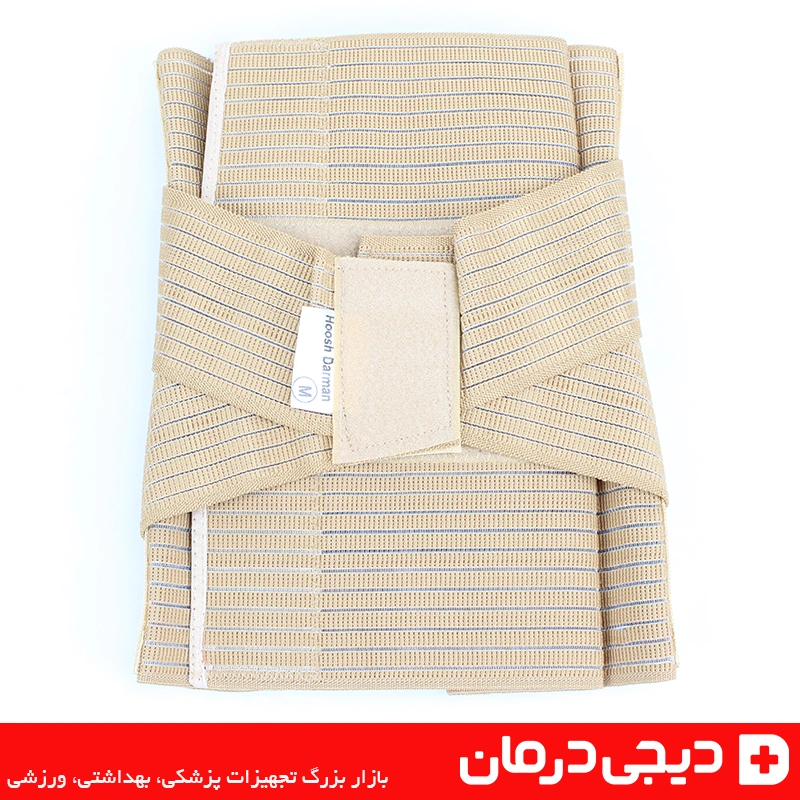 نمای جانبی جعبه کمربند آتل دار هوش درمان با جدول سایزبندی و توضیحات فارسی
