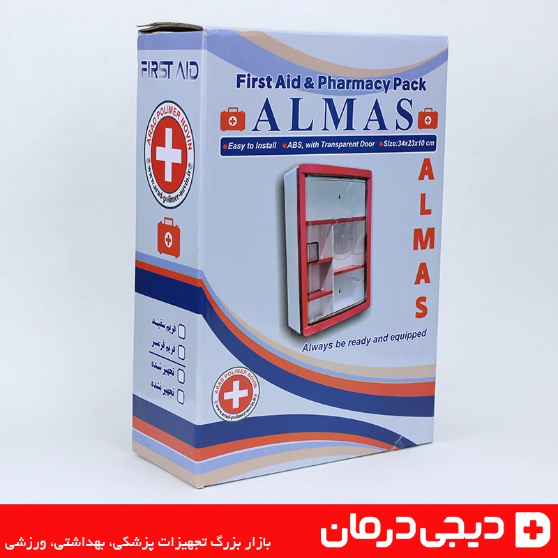 جعبه کمک های اولیه دیواری الماس Almas سایز 34x23x10 3 طراحی داخلی جعبه کمک های اولیه دیواری الماس طبقات مقاوم مناسب تجهیزات پزشکی